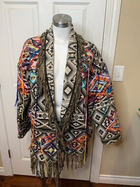 Zara Oversized Jacquard Aztec Tribal Fringe Kimono Jacket,  Size L